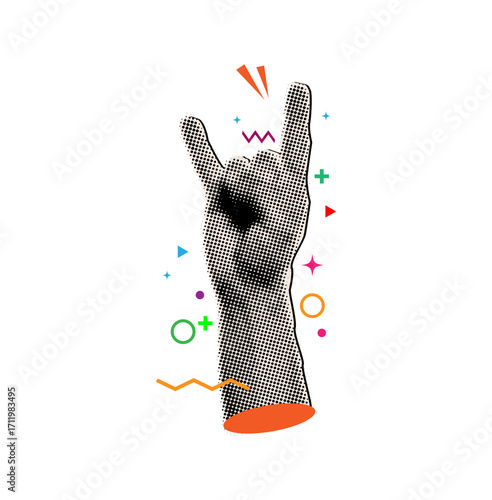Halftone collage music concept,hand with gesture,halftone hand showing the rock and roll sign