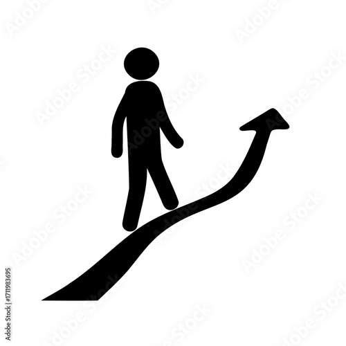 A symbolic figure climbs an arrow signifying growth and success trajectory
