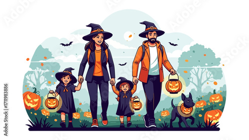 Halloween Family Adventure: A lively family embraces the Halloween spirit, with matching outfits and carved pumpkins in a vibrant outdoor illustration. They're on a cheerful quest.