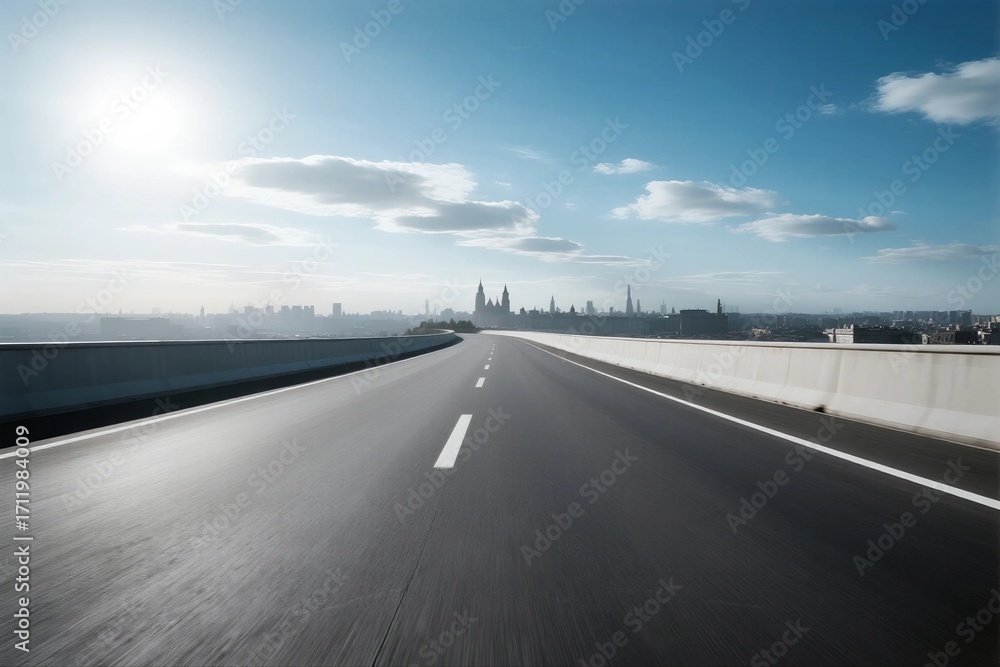 Fototapeta premium Smooth highway with city skyline under bright sun