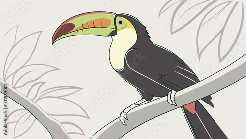 Toucan Bird Perched on Branch Tropical Bird Illustration Wildlife Art Cartoon Style.