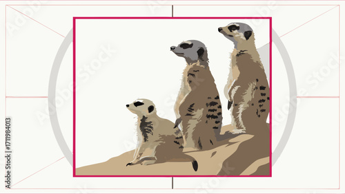 Three meerkats standing alert on sandy ground stylized illustration.