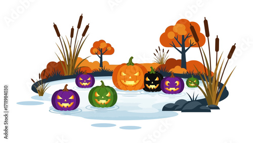 Pumpkin Halloween: A cartoonish depiction of Halloween, featuring carved pumpkins floating in a spooky pond with cattails and fall foliage