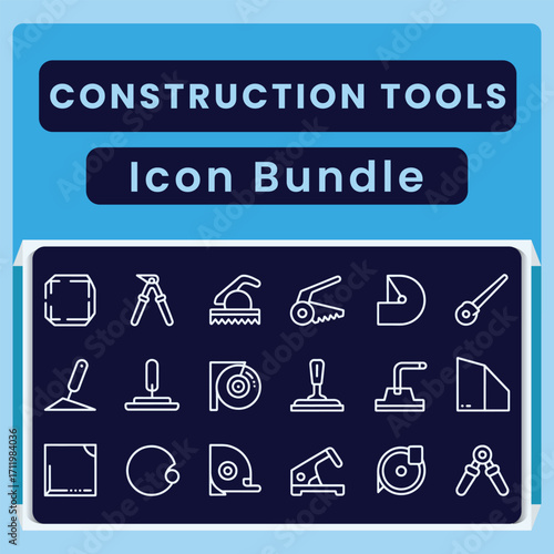 White line art construction tools icon bundle on dark blue background vector