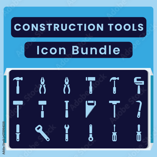 Collection of light blue construction tool icons on a dark blue background with text tools bundle