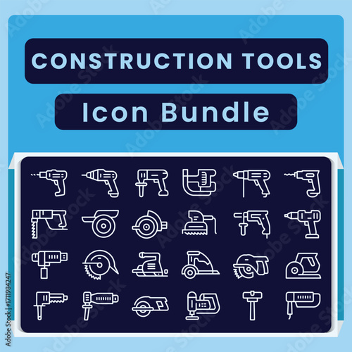 White outline icons of construction tools on a dark blue background with text icon bundle power tools 1