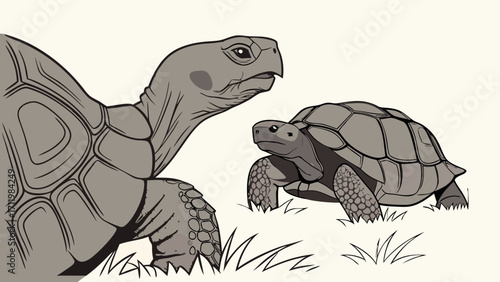 Two tortoises in the grass vector illustration wildlife reptile nature animal shell drawing design graphic art cartoon cute wildlife illustration tortoise shell land turtle reptil.