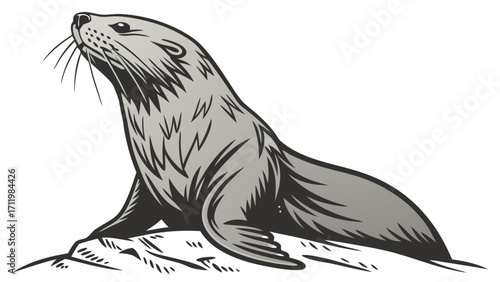 Vintage illustration of a seal on a rock wildlife marine mammal ocean animal gray scale vector art nature design aquatic animal sea lion fur seal wildlife illustration fauna animal dr.