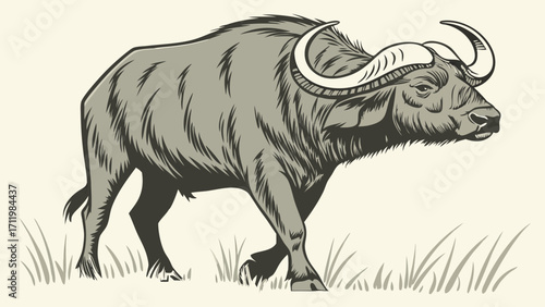 Vintage Illustration of a Large Horned Bovine Animal in Grass.