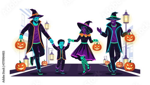 Halloween family portrait: A family dressed in Halloween costumes walking on the street with pumpkin lanterns with bright lighting. Capturing the spooky and family time moments.