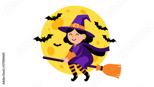 Halloween Witch in Flight: A whimsical illustration of a smiling witch soaring through the night sky on a broom, surrounded by playful bats against a backdrop of the full moon.