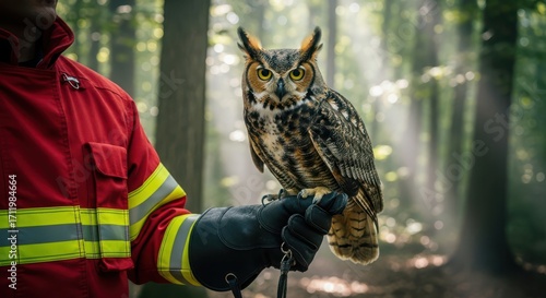 Rescued Owl Perched on Keeper's Arm in Forest Clearing