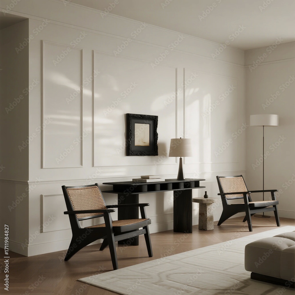 Fototapeta premium Minimalist Living Room with Wooden Furniture and White Walls