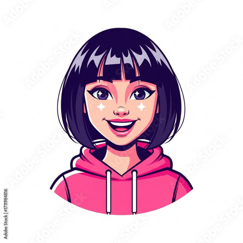Illustration of cute cartoon girl with bob haircut wearing pink hoodie