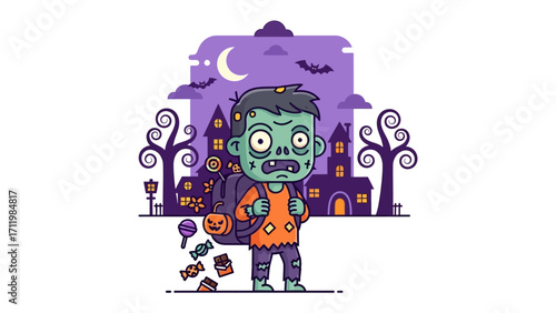 Halloween Zombie Kid: A cartoonish zombie kid joyfully explores a haunted house at night, surrounded by candy and the spooky atmosphere of Halloween.
