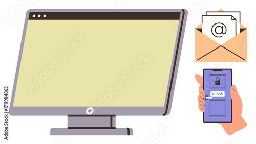 Computer monitor, smartphone screen with lock and unlock button, and email icon. Ideal for cybersecurity, data protection, online privacy, two-factor authentication, safe communication, digital
