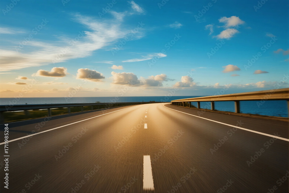 Fototapeta premium A clear road stretching under a bright blue sky with clouds