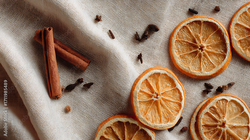 Fototapeta premium A cozy arrangement of dried orange slices, cinnamon sticks, and cloves on a light, textured fabric background, evoking warmth and natural aromas.