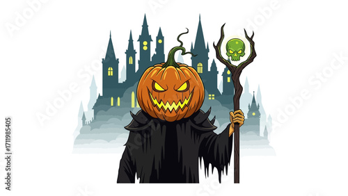 Halloween Pumpkin-Head Character: A spooky, grinning pumpkin-headed character stands tall before a gothic castle backdrop, a classic and eerie portrayal of the Halloween spirit. 