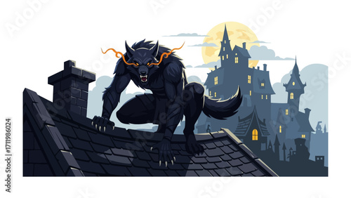 Howling at the Moon: An intense and chilling depiction of a werewolf, silhouetted against a haunting mansion and the ethereal glow of a full moon, invoking fear.