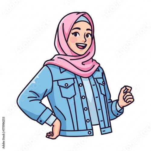 Illustration of young muslim woman wearing hijab and denim jacket