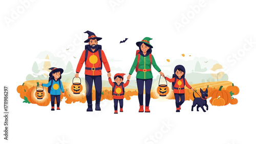 Halloween Family Adventure: A heartwarming illustration of a family dressed in festive costumes, embarking on a Halloween adventure. They stroll through a pumpkin patch.
