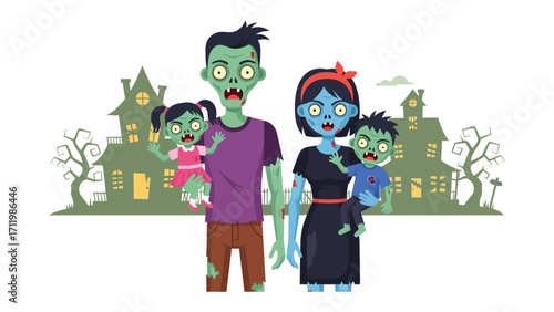 Zombie Family Illustration: A quirky and whimsical illustration portrays a zombie family, posed in front of a haunted house against a soft pastel background, perfect for Halloween concepts.