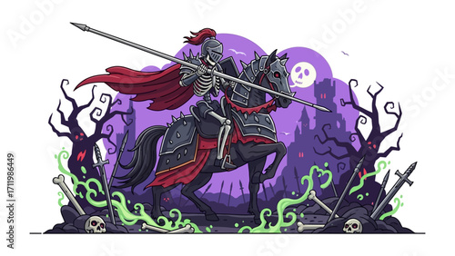 Haunted Knight: An animated portrayal of a skeletal knight riding a spectral steed, shrouded in an eerie, ethereal purple atmosphere. It evokes the thrill of Halloween.