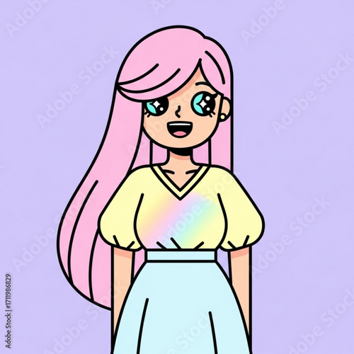 Illustration of cute anime girl with long pink hair and pastel clothes smiling