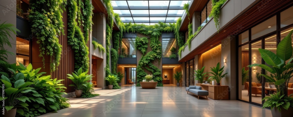 Fototapeta premium cinematic visualization of eco friendly modern lobby with greenery hyper realistic detail showing vertical plants natural materials lighting ambiance creating refreshing welcoming guest experience atm