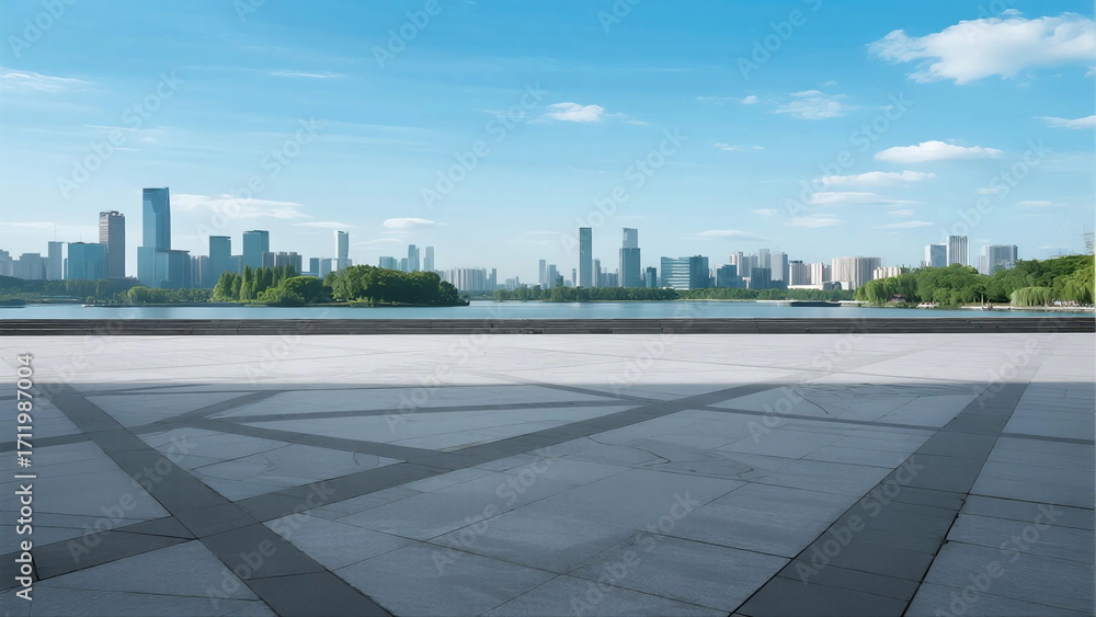 Fototapeta premium Urban skyline with empty pavement under clear blue sky