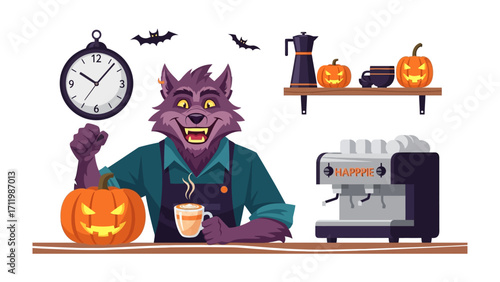 Halloween Werewolf Barista's Coffee Break: A whimsically illustrated werewolf barista takes a coffee break, surrounded by festive Halloween decor including a carved pumpkin, an espresso machine.