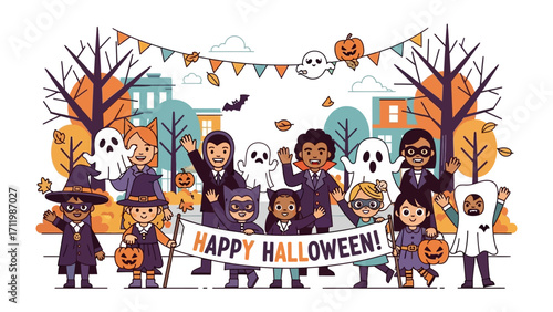 Halloween Parade: Children of various ethnicities, dressed in their Halloween costumes, march along the street. In the background, autumn leaves and pumpkins appear.