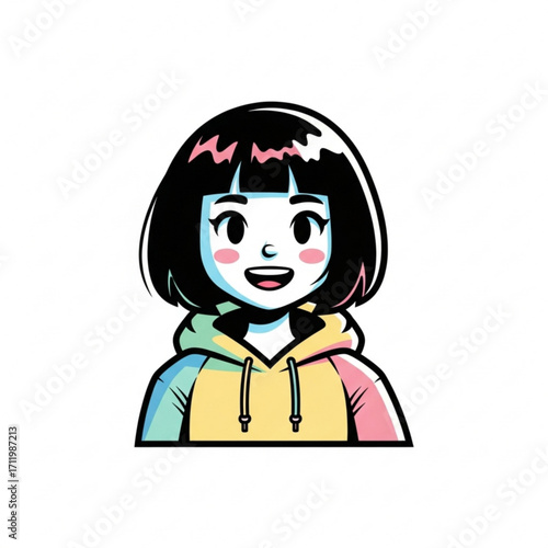 Illustration of cute anime girl with bob haircut wearing a colorful hoodie