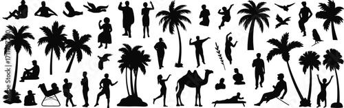 Silhouettes of people relaxing, palm trees, birds flying, camel, diverse human poses, tropical scene, outdoor leisure, nature elements, vacation vibe, exotic landscape, black shapes
