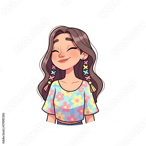 Illustration of cute cartoon girl with colorful braided hair