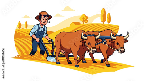 Fieldwork Harmony: Depicting a dedicated farmer guiding a pair of oxen as they plow a golden field in the sun, this digital illustration evokes feelings of diligence and the beauty of rural life.