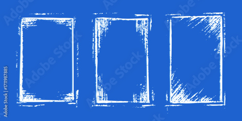 Charcoal messy grunge frames, white background with damaged scuffed texture. Empty vertical backgrounds for texts or images. Vector graphics, design elements.
