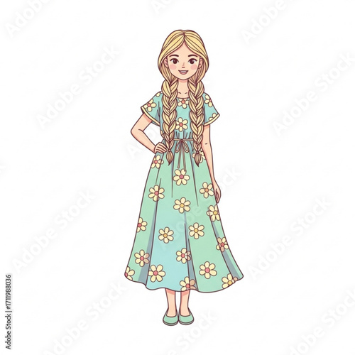Illustration of young girl with blonde braided hair wearing a floral dress