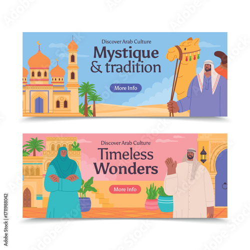 Hand Drawn Flat Traditional Arab Culture Horizontal Banner Collection