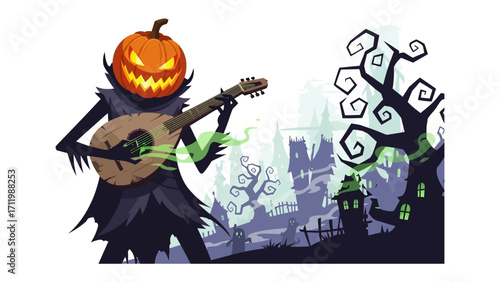 Spooky Pumpkin Musician: A whimsical Halloween illustration, featuring a pumpkin-headed figure strumming a lute, set against a backdrop of a haunted house and spooky scenery. 