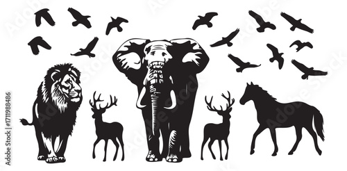 Majestic collection of wildlife silhouettes, including a lion, an elephant, deer, and flying birds, isolated on a white background.

