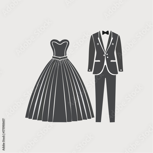 Elegant Wedding Attire Dress and Suit Icon for Marriage Ceremony