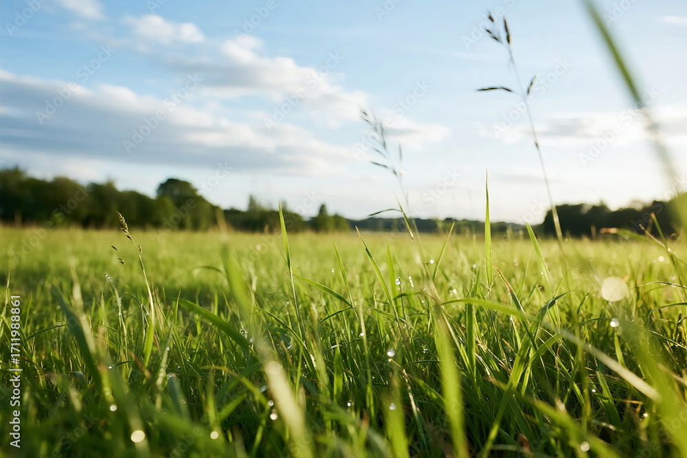 Fototapeta premium Green grass field under a clear blue sky with some clouds