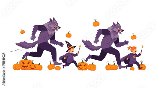 Spooky chase: A captivating and festive Halloween illustration, featuring a playful chase scene between a werewolf, a child with a witch hat, and a child with wand.