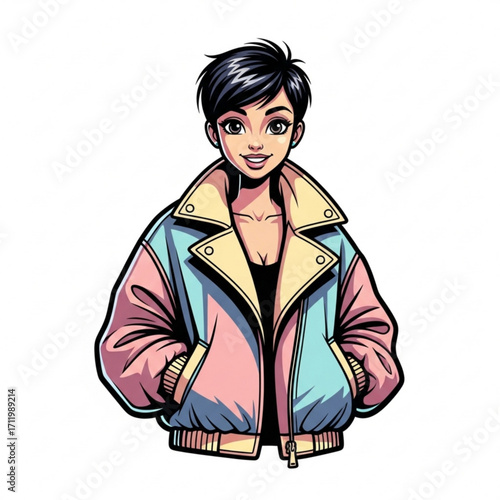 Illustration of young woman with short black hair wearing a colorful retro jacket