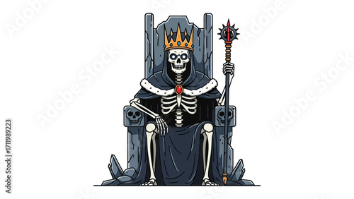 Skeleton King's Reign: A regal skeleton king, crowned and cloaked, sits on a detailed throne. He holds a scepter, ruling his domain in this captivating illustration. 