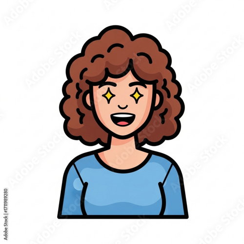 Illustration of cartoon woman with curly hair and sparkling eyes