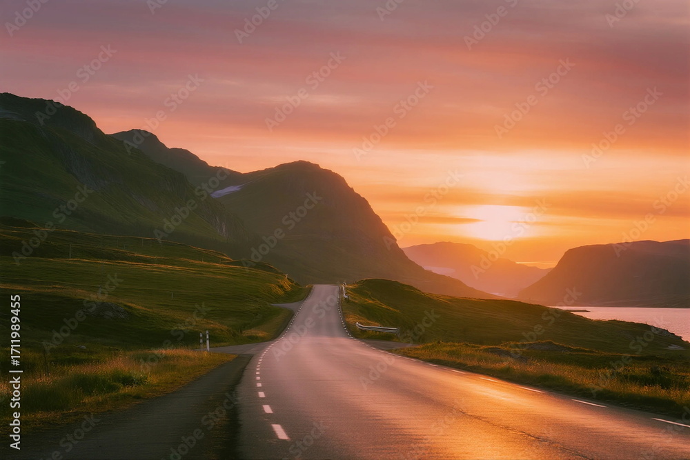 Fototapeta premium Sunset over a winding road surrounded by green mountains