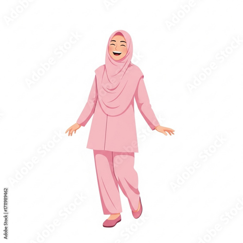 Illustration of young muslim woman wearing pink hijab and outfit